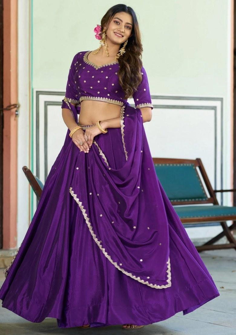 Purple Embroidered Chinon Lehenga Set - Indya