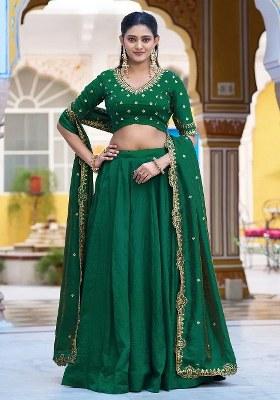 Green Embroidered Silk Lehenga Set