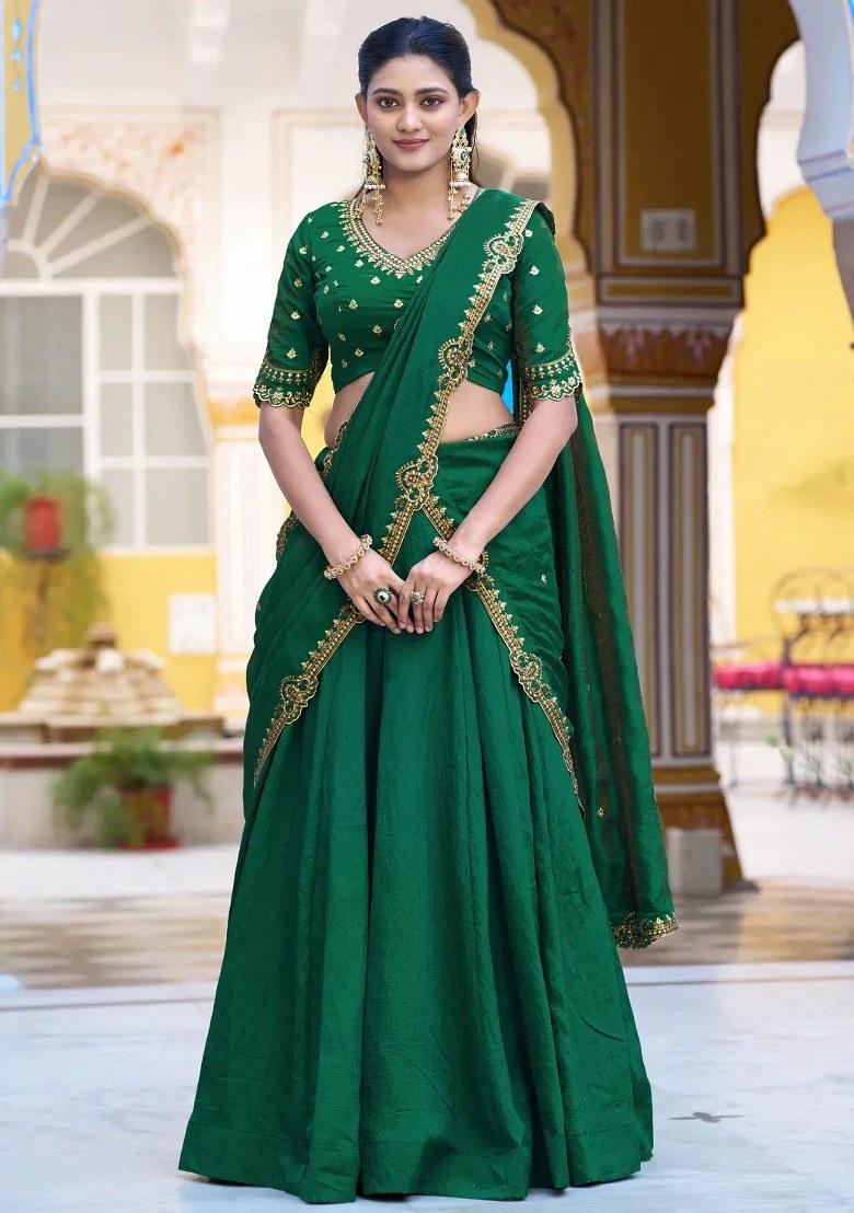 Green Embroidered Silk Lehenga Set - Indya