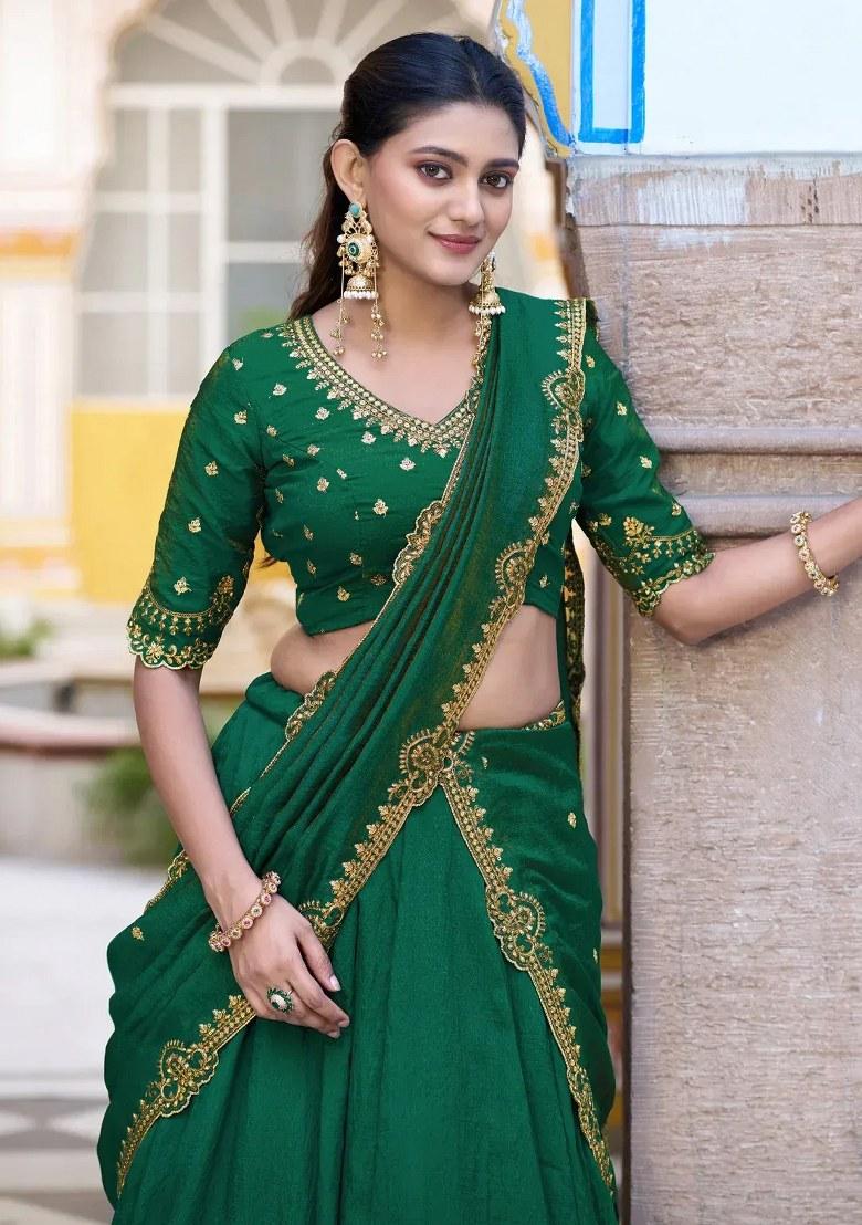 Green Embroidered Silk Lehenga Set - Indya