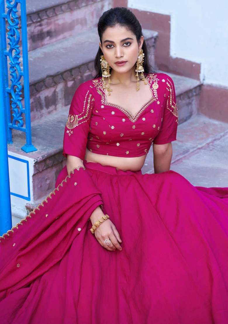 Pink Embroidered Silk Lehenga Set - Indya