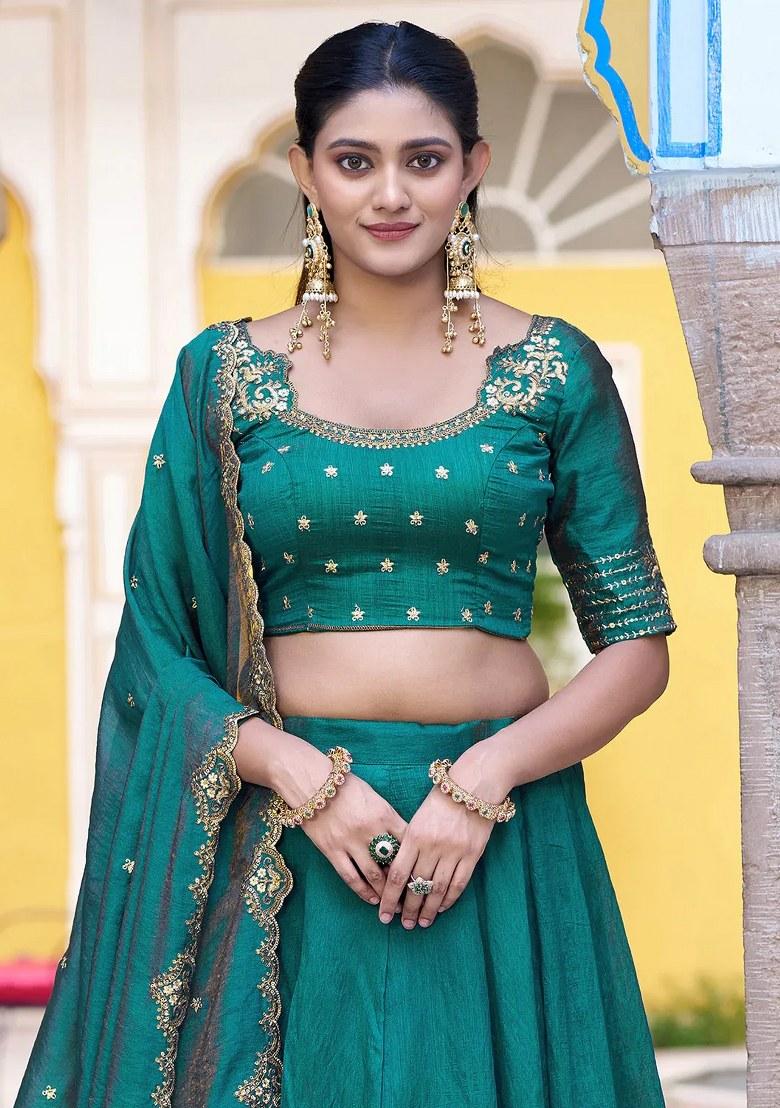 Green Embroidered Silk Lehenga Set - Indya