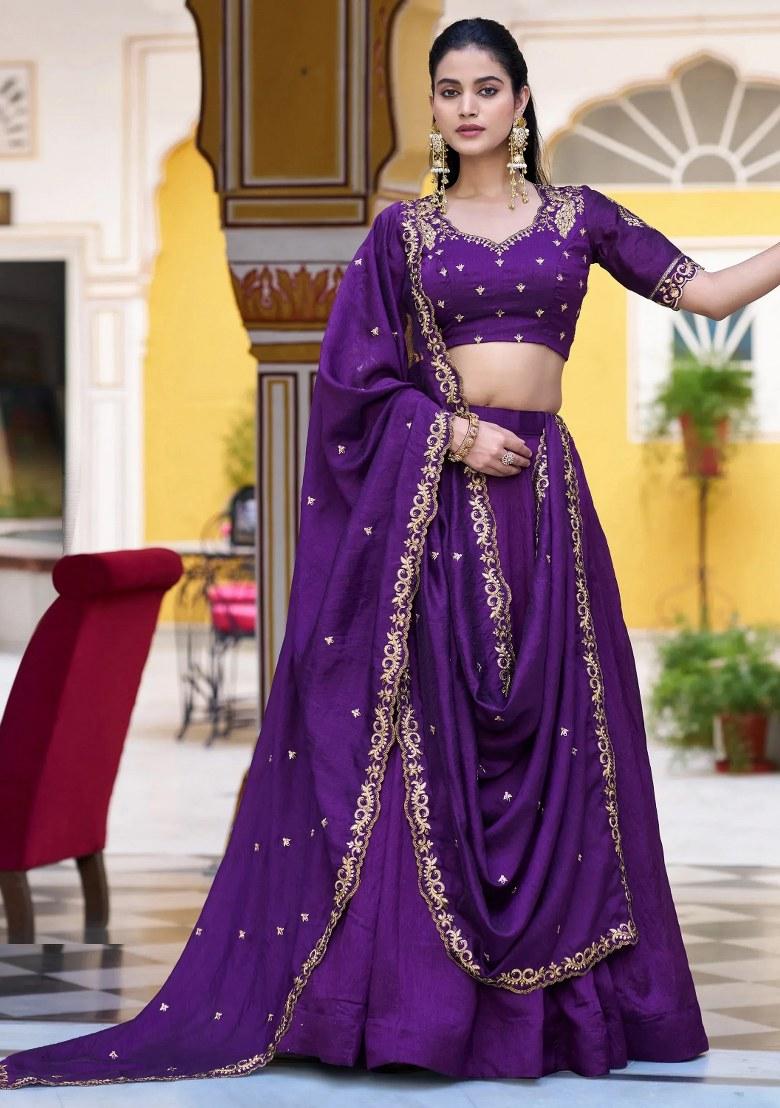 Purple Embroidered Silk Lehenga Set - Indya
