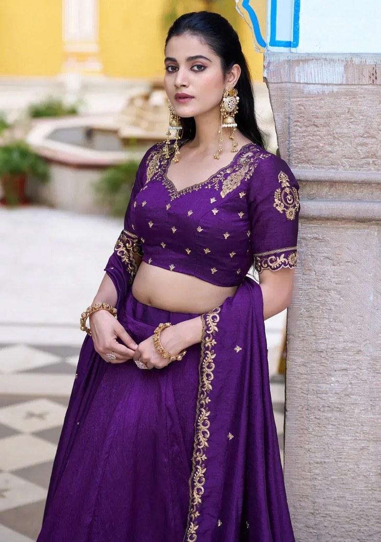 Purple Embroidered Silk Lehenga Set - Indya
