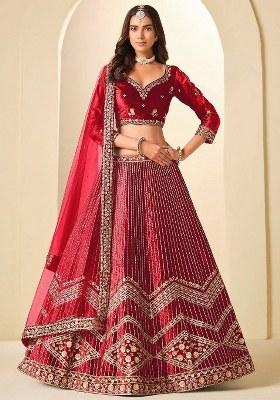 Red Sequin Work Velvet Lehenga Set
