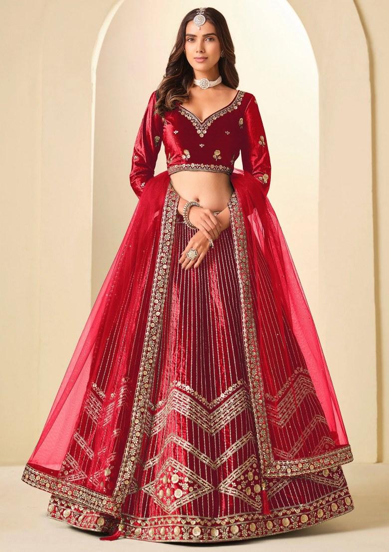 Red Sequin Work Velvet Lehenga Set - Indya