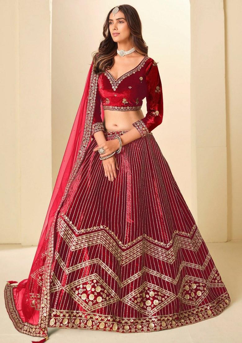 Red Sequin Work Velvet Lehenga Set - Indya