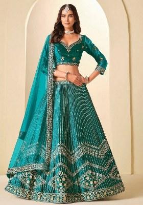 Blue Sequin Work Velvet Lehenga Set