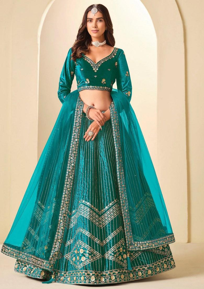 Blue Sequin Work Velvet Lehenga Set - Indya