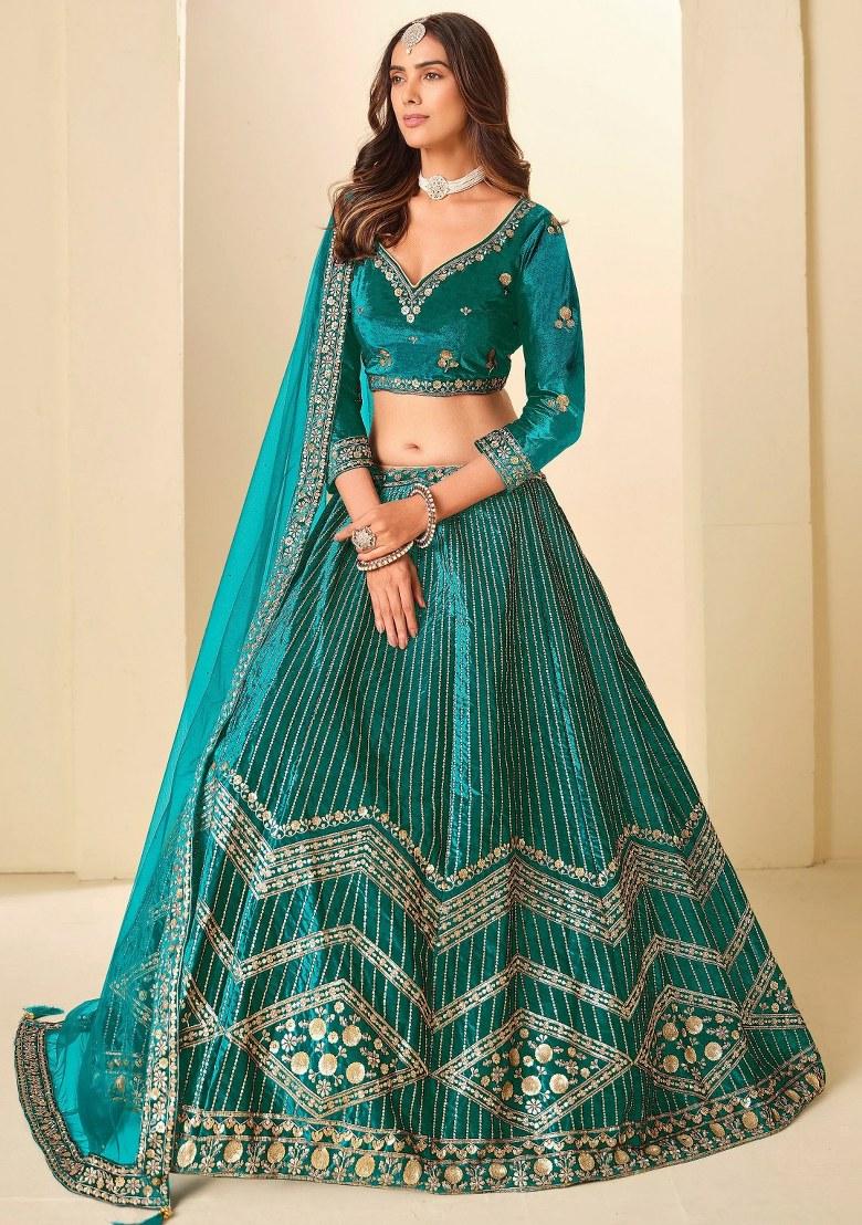 Blue Sequin Work Velvet Lehenga Set - Indya