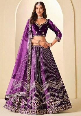 Purple Sequin Work Velvet Lehenga Set