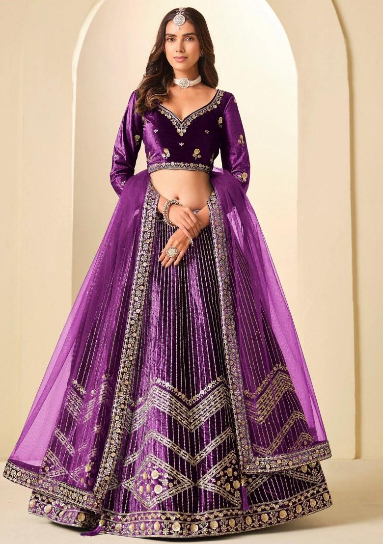 Purple Sequin Work Velvet Lehenga Set - Indya