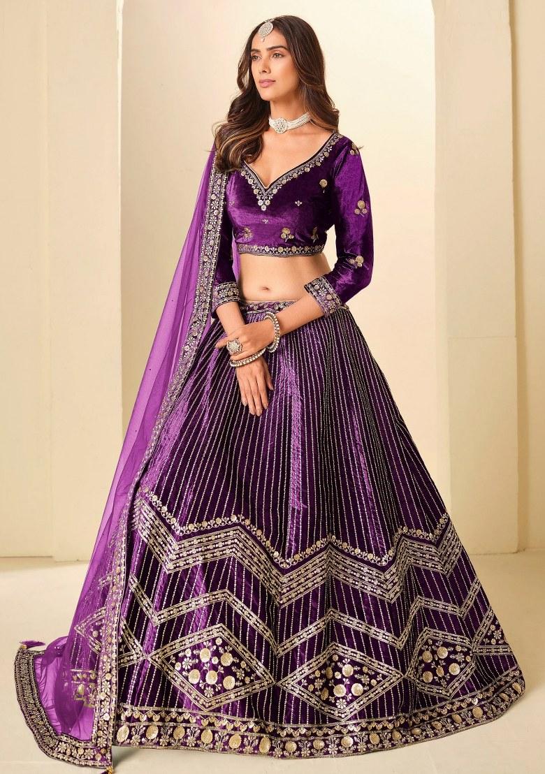 Purple Sequin Work Velvet Lehenga Set - Indya