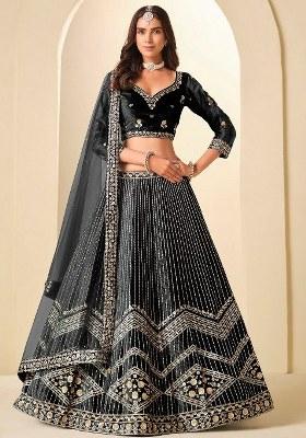 Black Sequin Work Velvet Lehenga Set