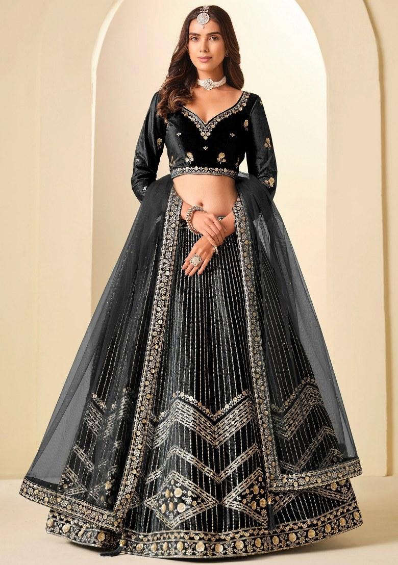 Black Sequin Work Velvet Lehenga Set - Indya