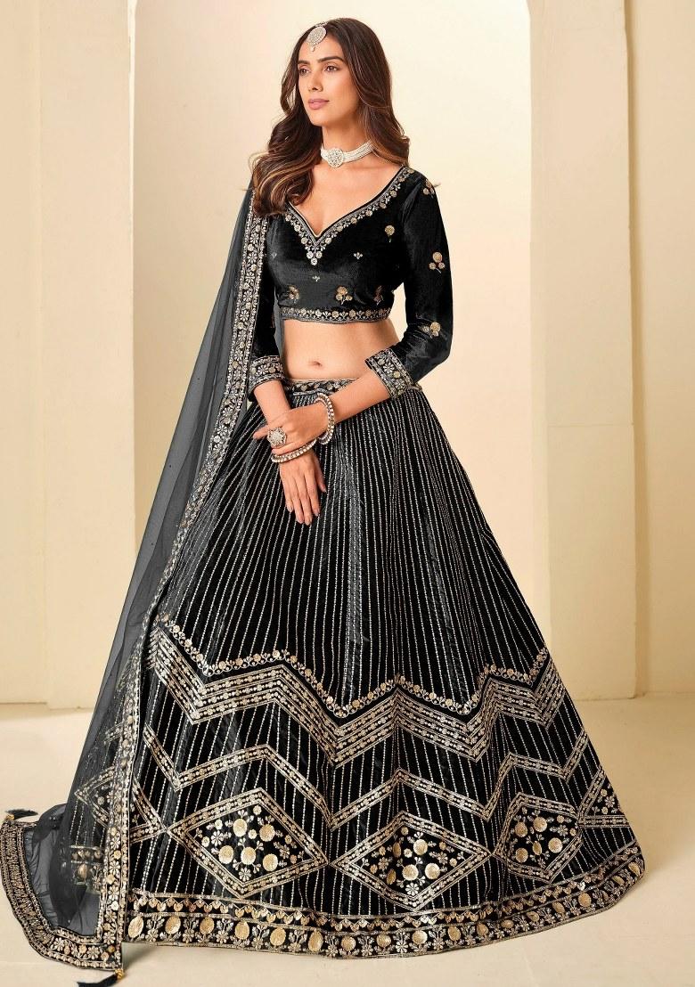 Black Sequin Work Velvet Lehenga Set - Indya