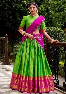 Green Embroidered Cotton Lehenga Set