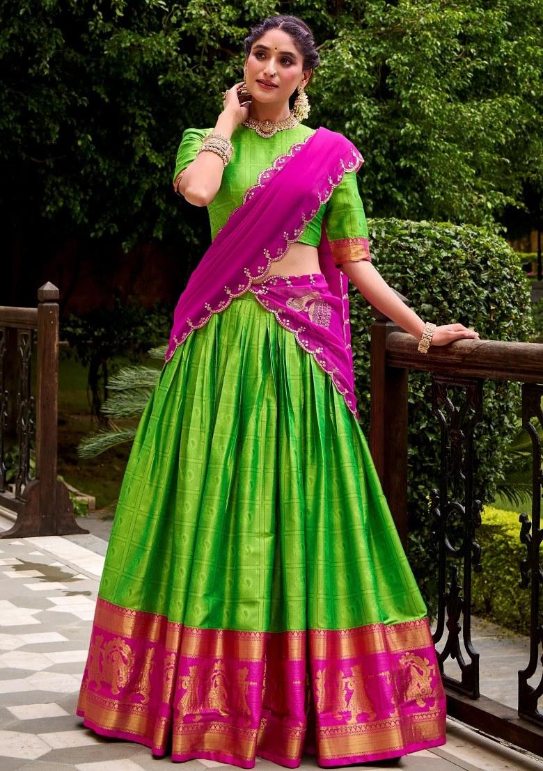 Green Embroidered Cotton Lehenga Set - Indya