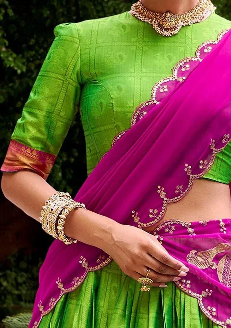 Green Embroidered Cotton Lehenga Set - Indya