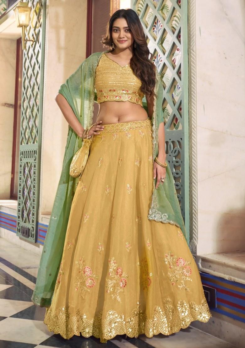 Yellow Embroidered Silk Lehenga Set - Indya