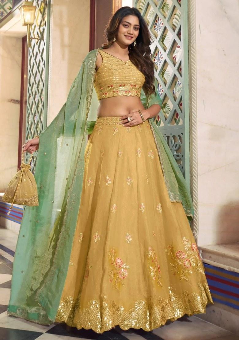 Yellow Embroidered Silk Lehenga Set - Indya