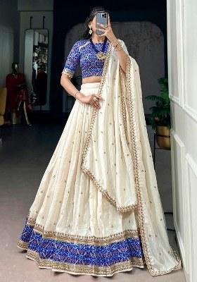 Off White Sequin Work Silk Lehenga Set
