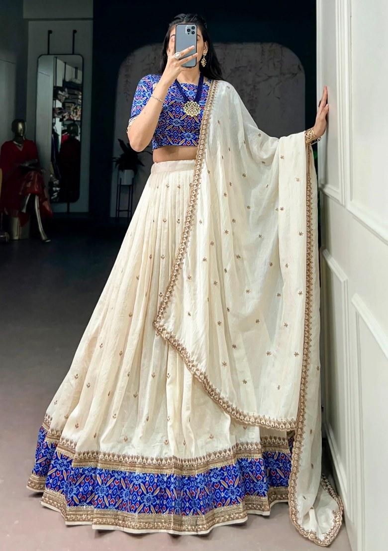 Off White Sequin Work Silk Lehenga Set - Indya