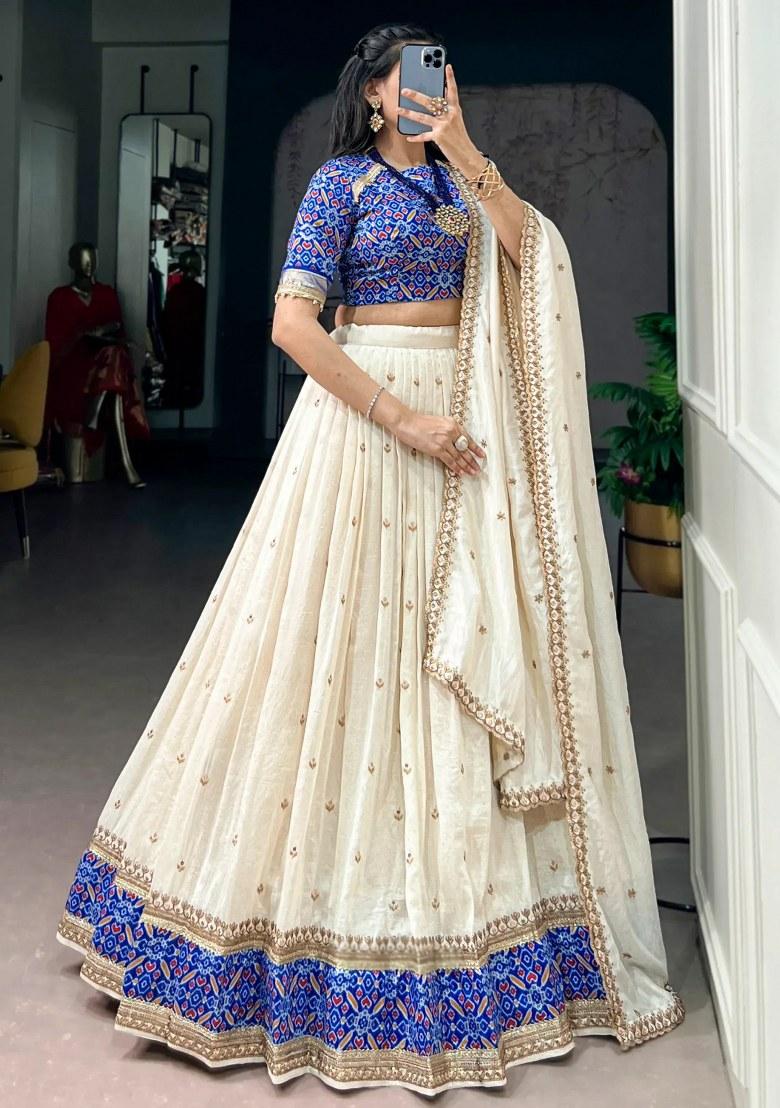 Off White Sequin Work Silk Lehenga Set - Indya