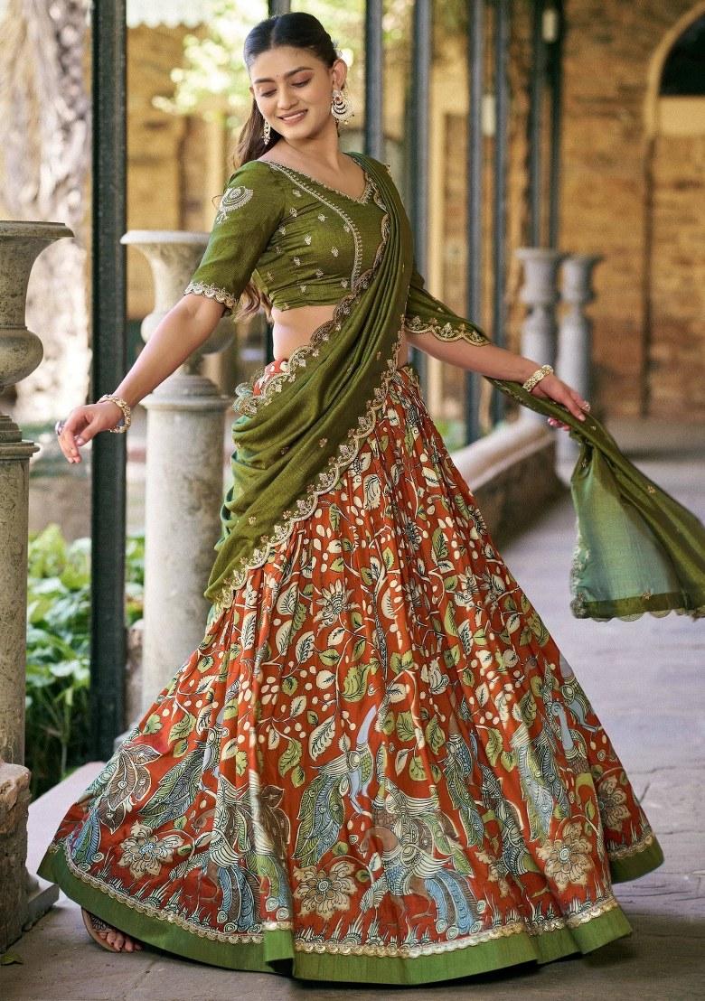 Orange Sequin Work Silk Lehenga Set - Indya