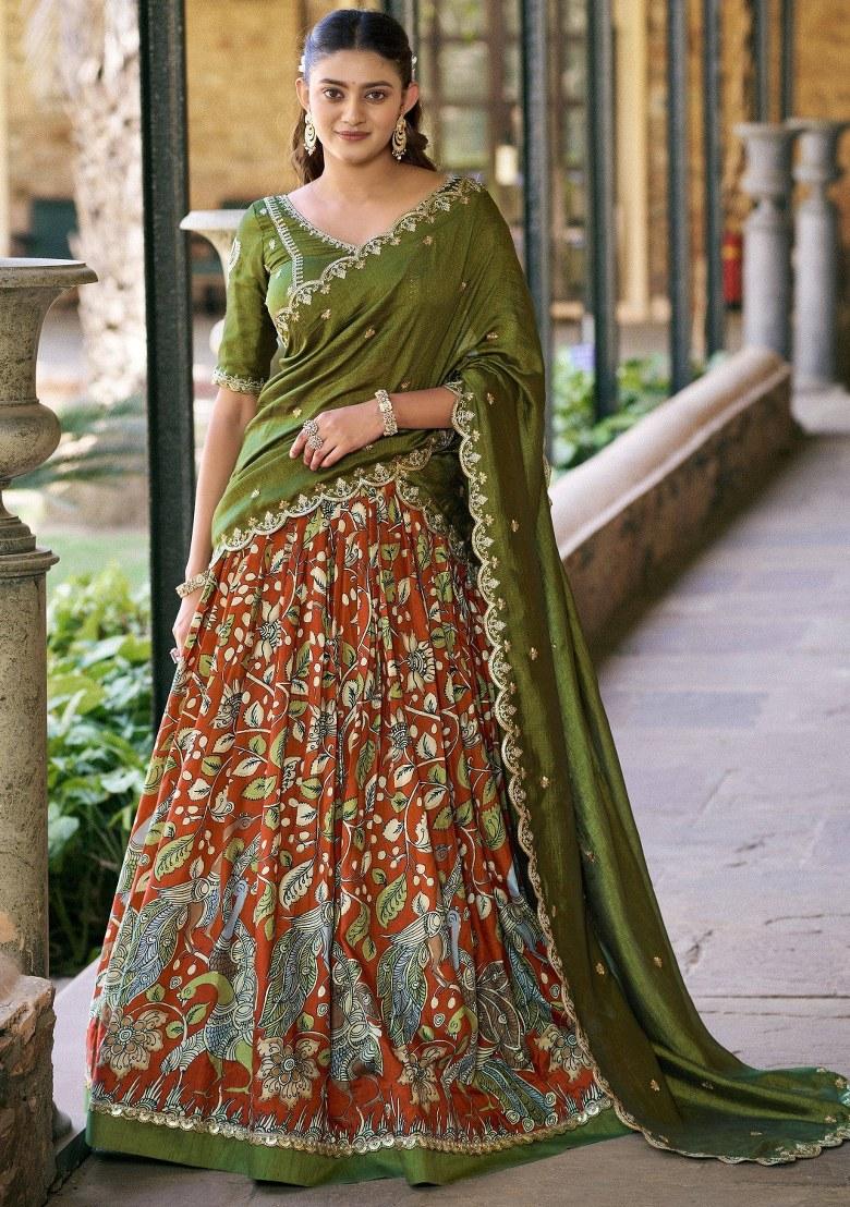 Orange Sequin Work Silk Lehenga Set - Indya