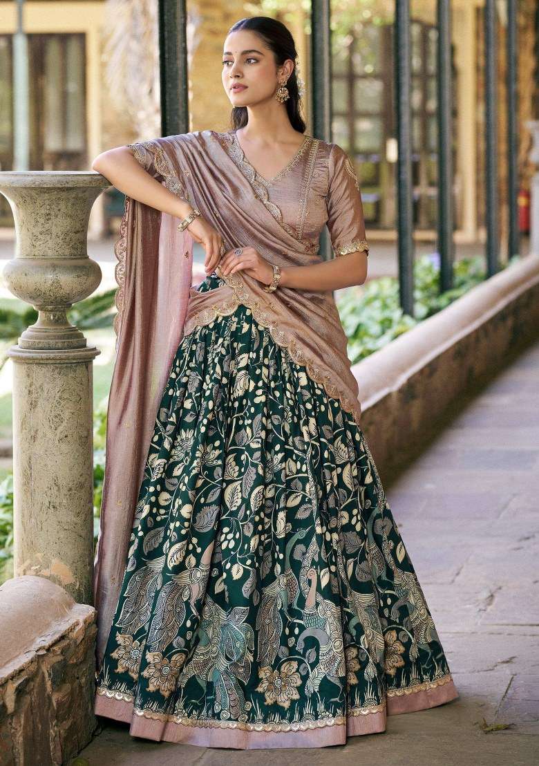 Green Sequin Work Silk Lehenga Set for Diwali and Festive Wear - Indya