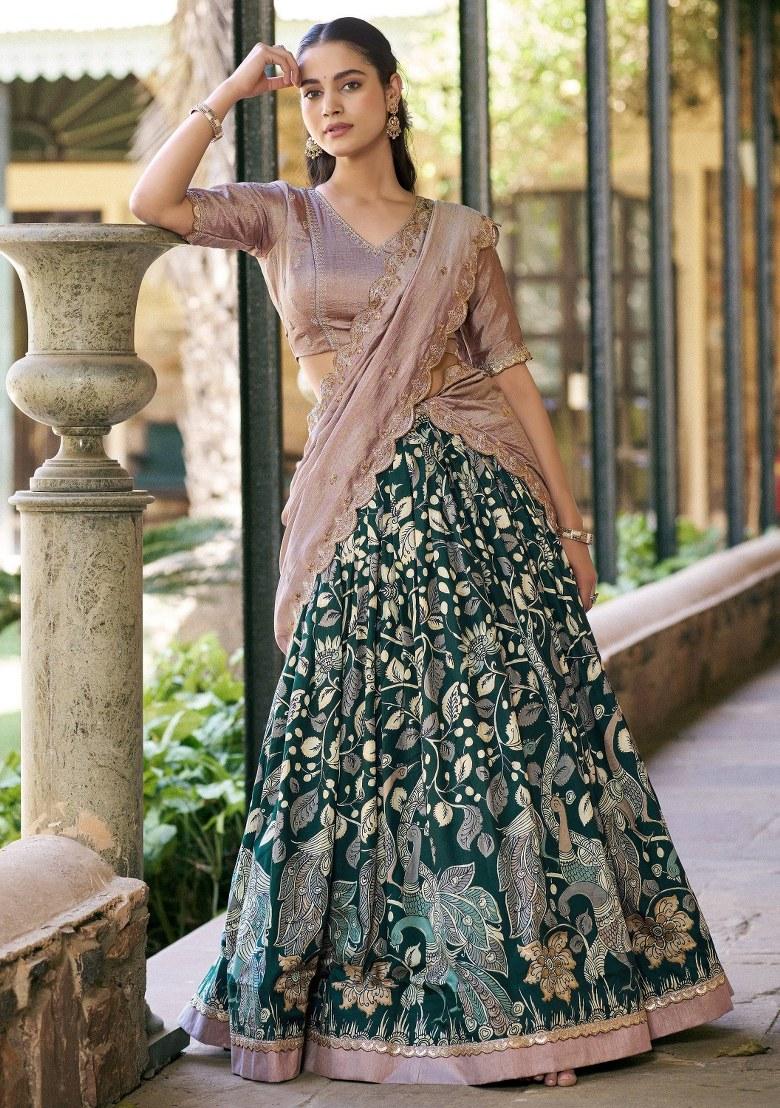 Green Sequin Work Silk Lehenga Set - Indya