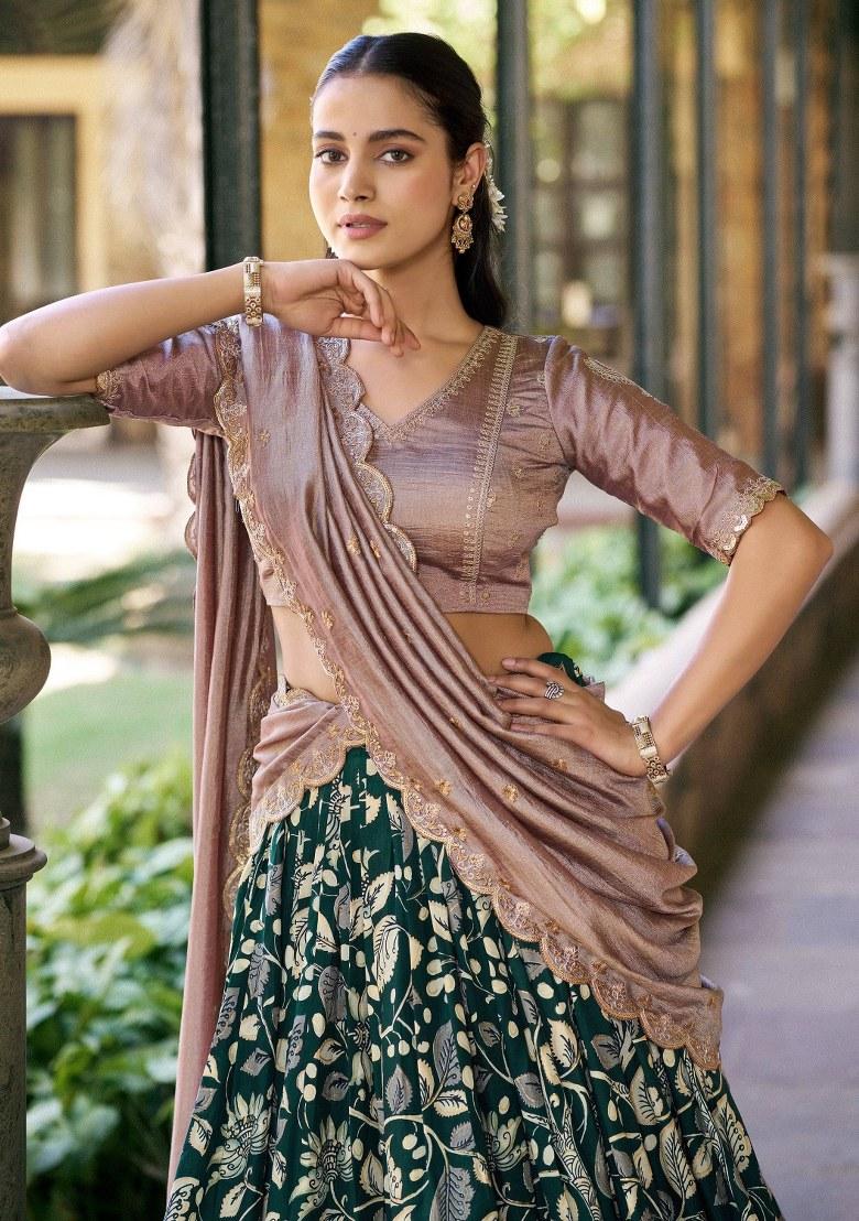 Green Sequin Work Silk Lehenga Set - Indya