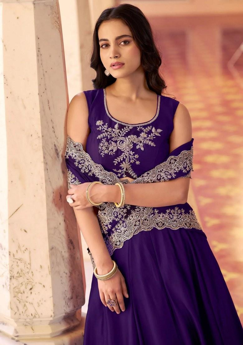 Purple Beads Work Silk Lehenga Set - Indya
