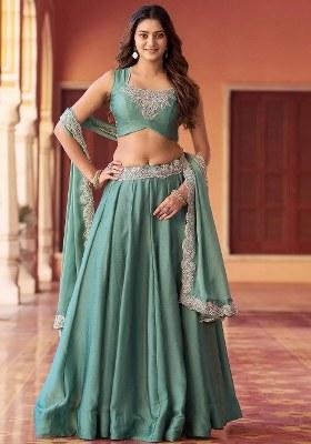 Green Beads Work Silk Lehenga Set