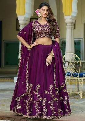 Wine Embroidered Silk Lehenga Set for Diwali and Festive Wear