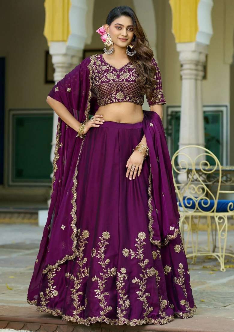 Wine Embroidered Silk Lehenga Set for Diwali and Festive Wear - Indya
