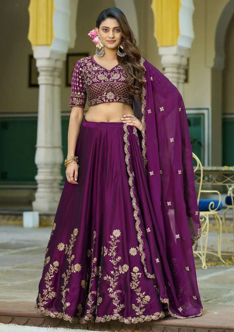 Wine Embroidered Silk Lehenga Set for Diwali and Festive Wear - Indya