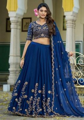 Blue Embroidered Silk Lehenga Set