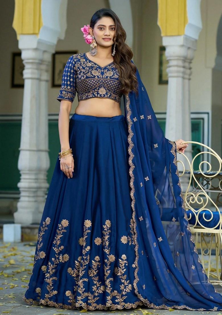 Blue Embroidered Silk Lehenga Set - Indya