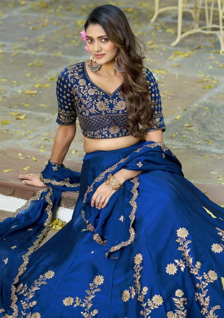Blue Embroidered Silk Lehenga Set - Indya