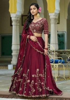 Maroon Embroidered Silk Lehenga Set