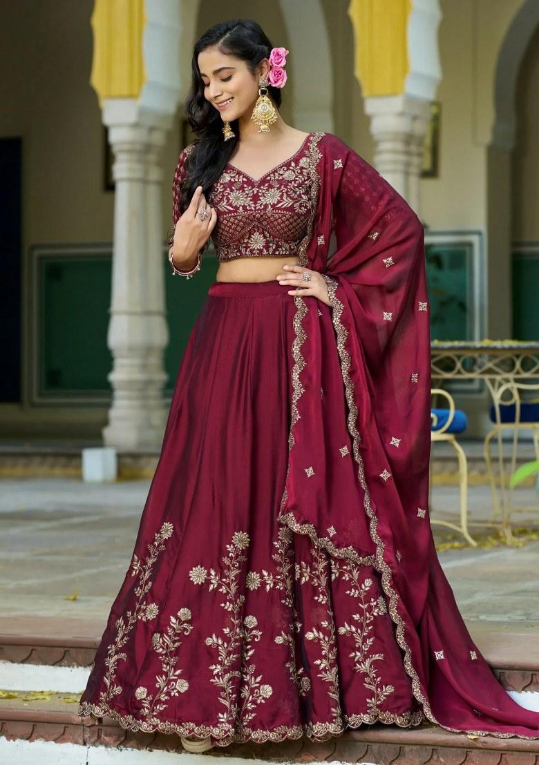 Maroon Embroidered Silk Lehenga Set - Indya