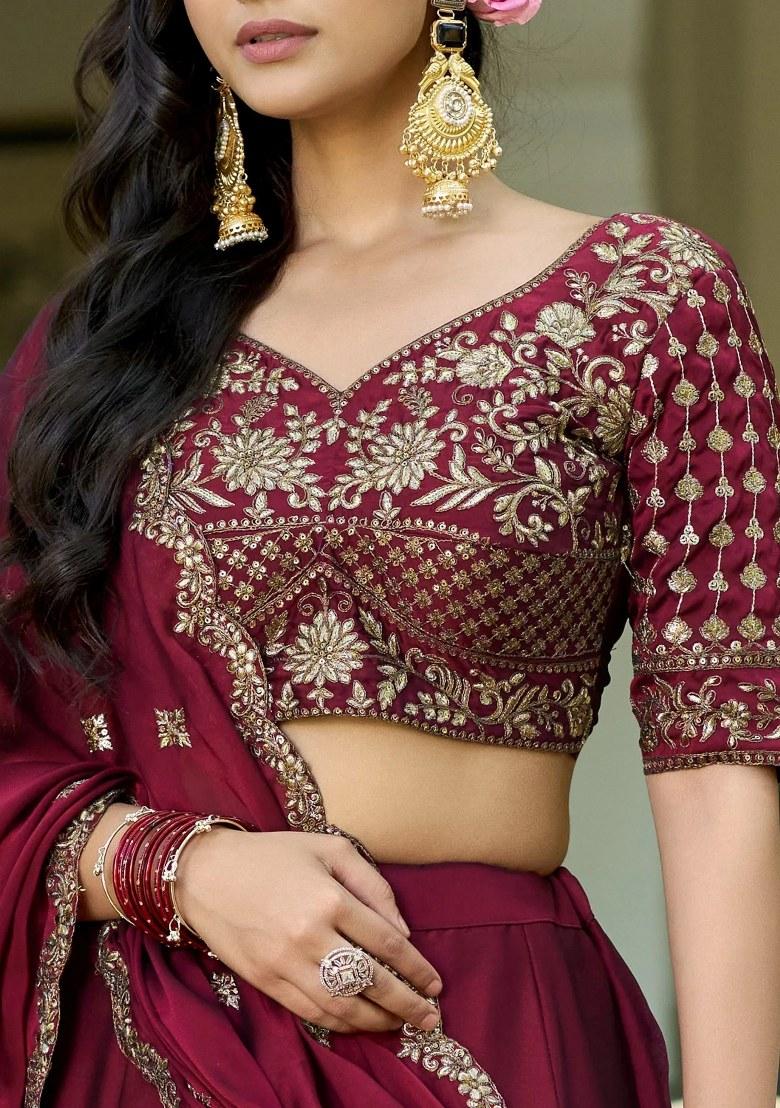 Maroon Embroidered Silk Lehenga Set - Indya