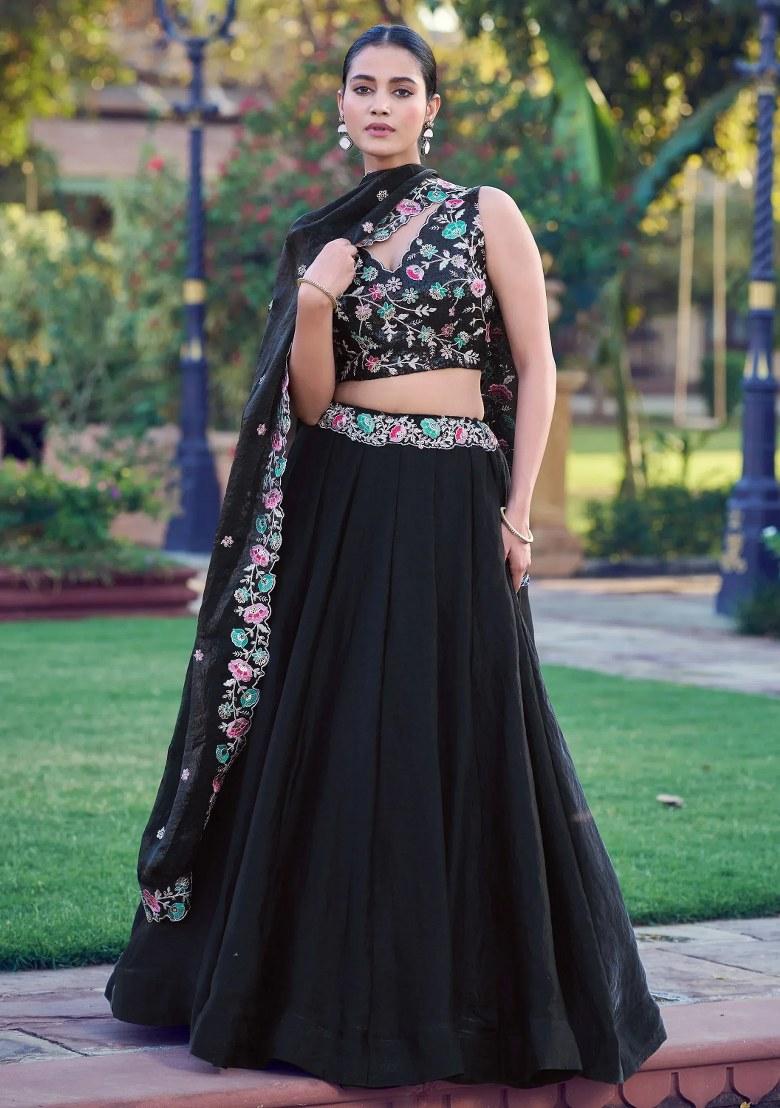 Black Embroidered Organza Lehenga Set - Indya