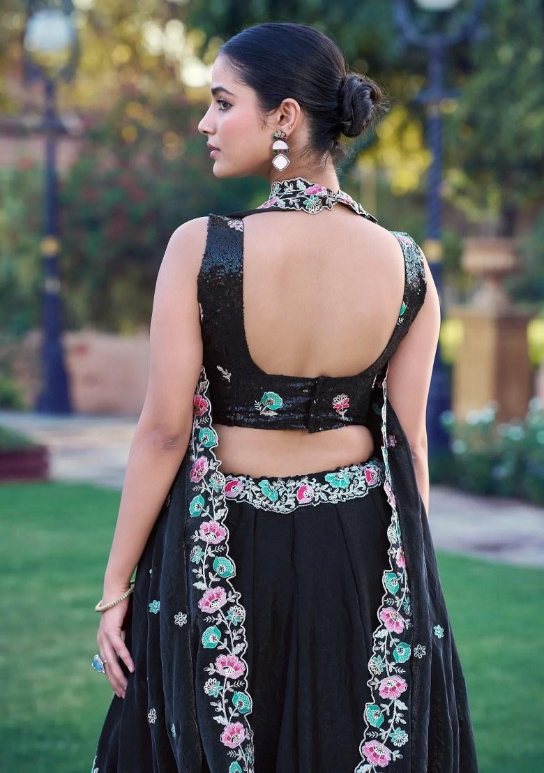 Black Embroidered Organza Lehenga Set - Indya