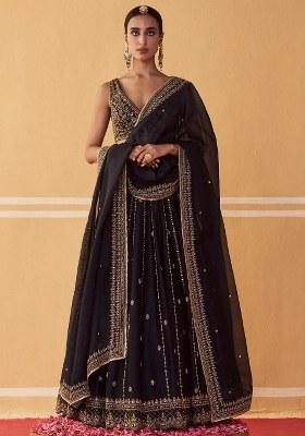 Black Embroidered Silk Lehenga Set