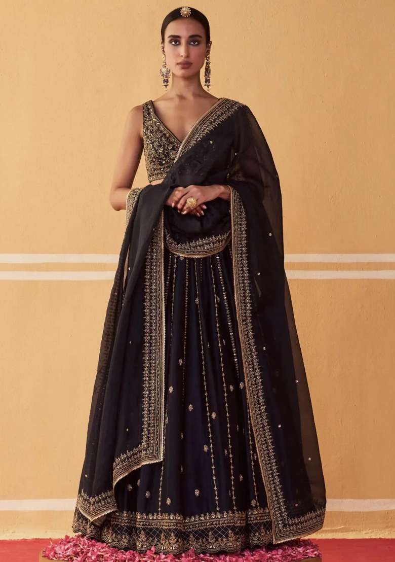 Black Silk Lehenga Set with Embroidered for Diwali | Wedding & Festive Wear - Indya