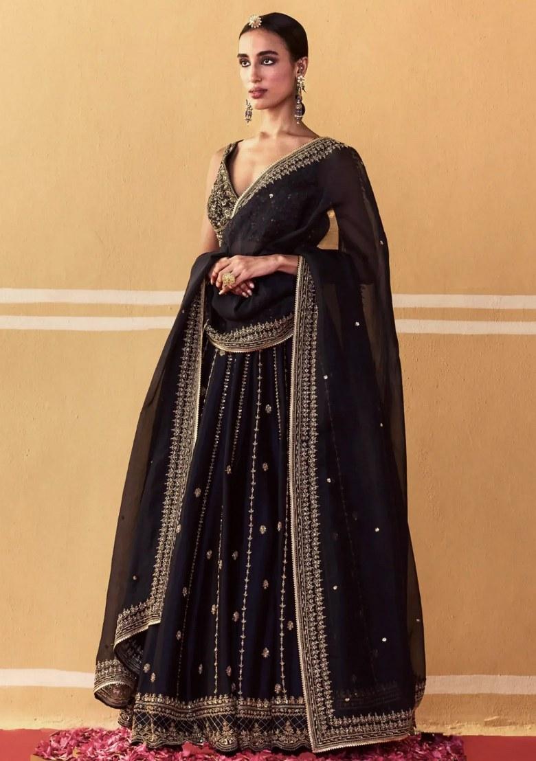 Black Embroidered Silk Lehenga Set - Indya