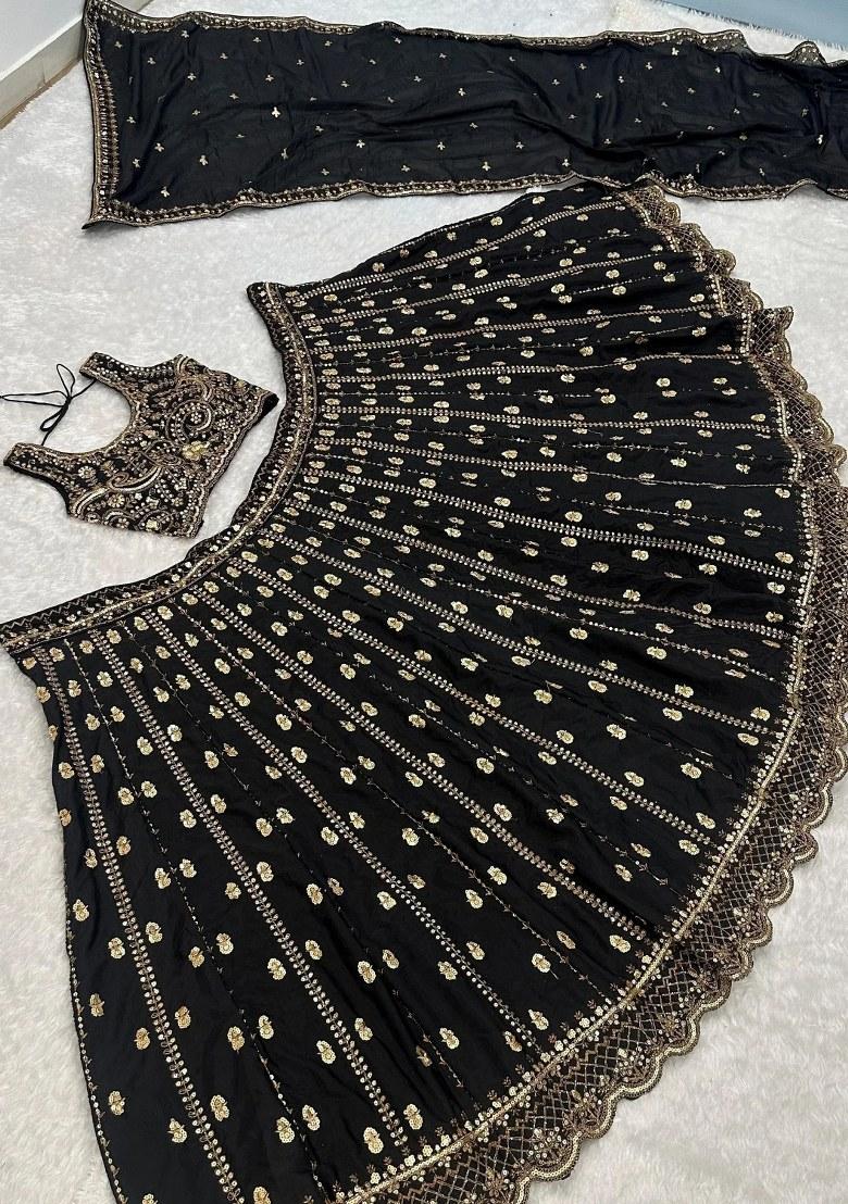 Black Embroidered Silk Lehenga Set - Indya